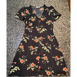 Floral V-Neck Button Front Tea Dress Short Sleeve Black Orange Rose Print